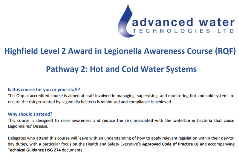 Highfield Level 2 Awarded in Legionella Awareness Course (RQF) Pathway 2: Hot and Cold Water Services